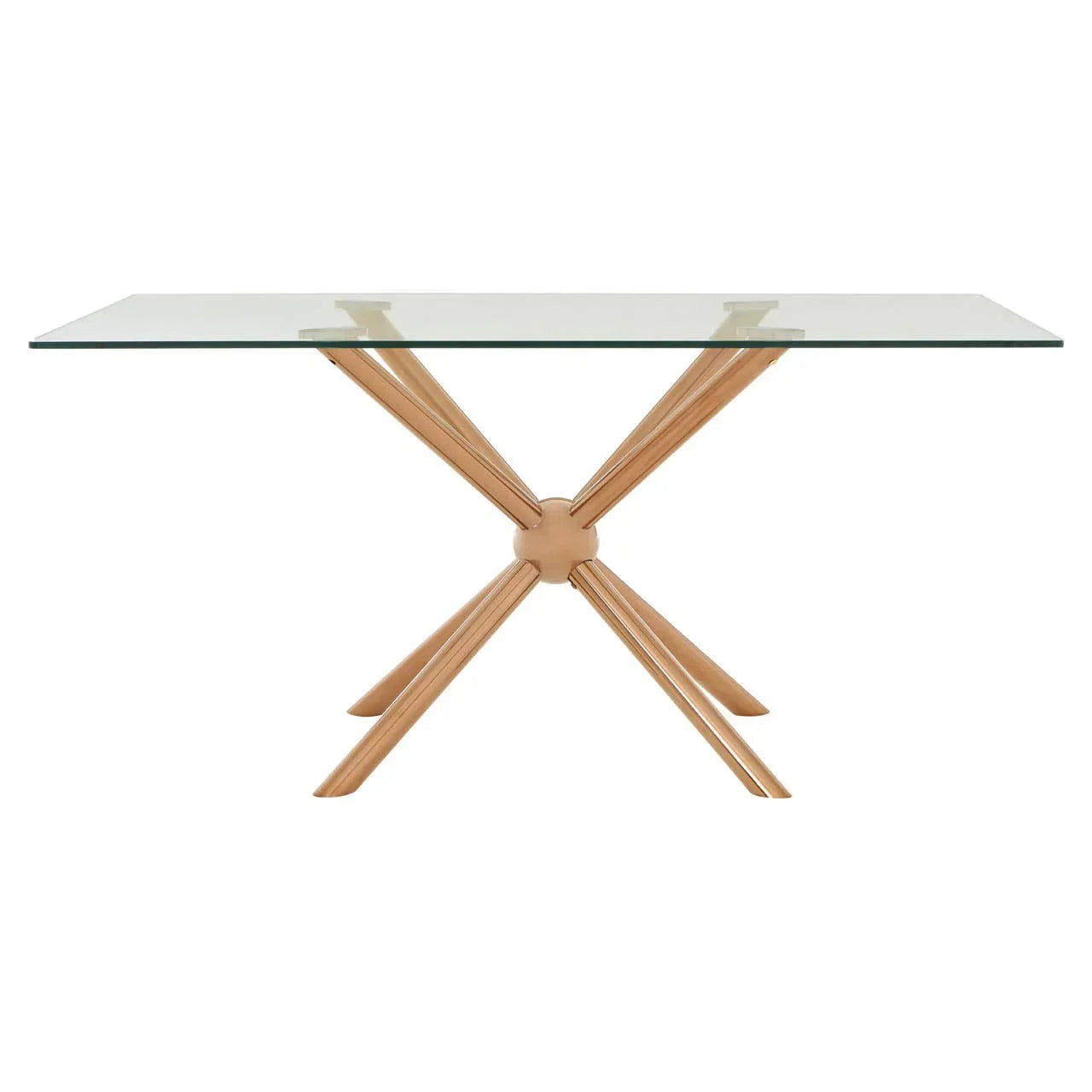 Rectangular glass dining table with gold metal starburst base