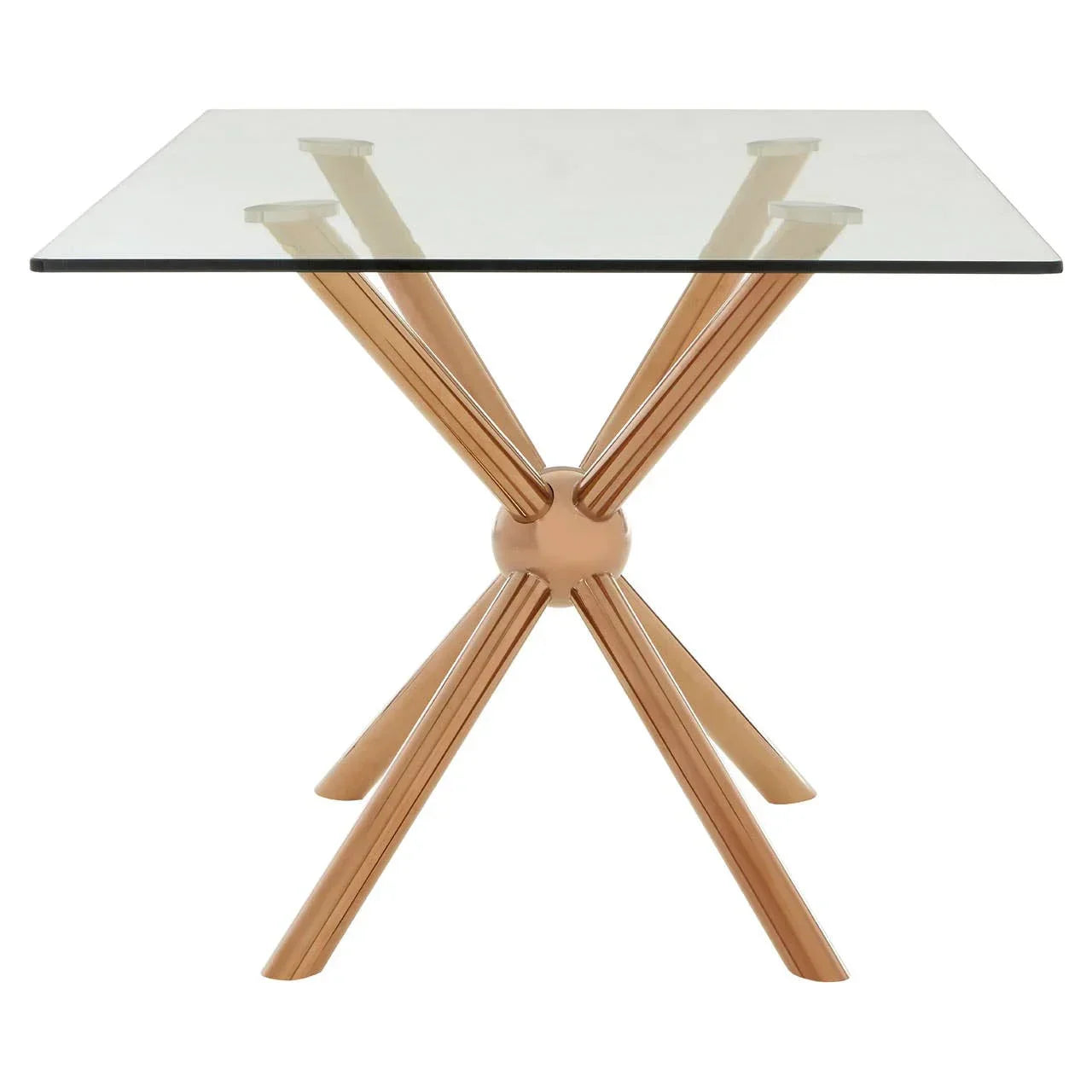 Square glass dining table with gold metal legs in a modern geometric design