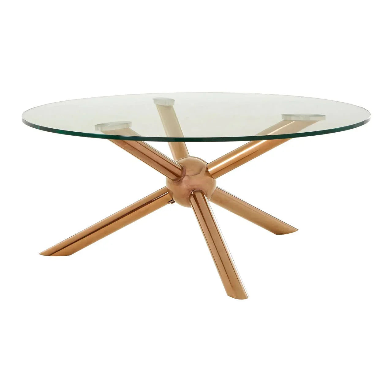 Round glass coffee table with gold metal legs and modern design