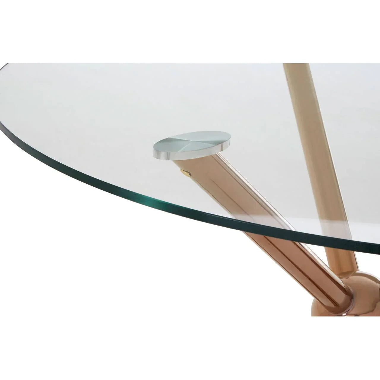 Glass dining table top with gold metal leg and modern angled support detail