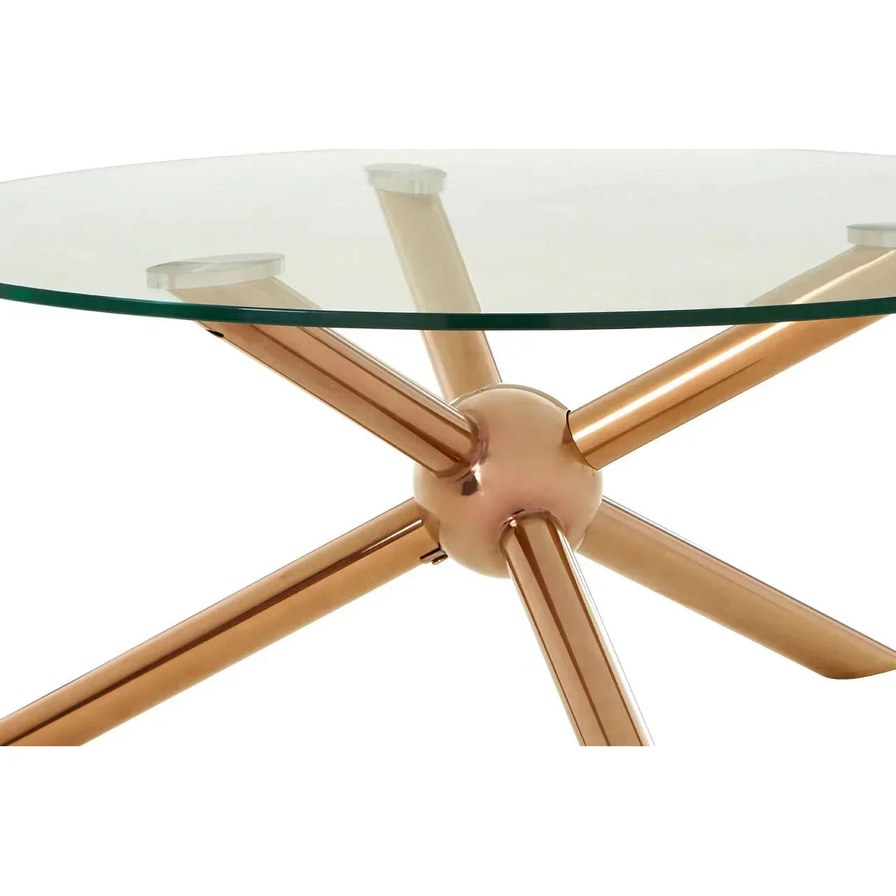 Glass coffee table with round top and gold metal spider leg base