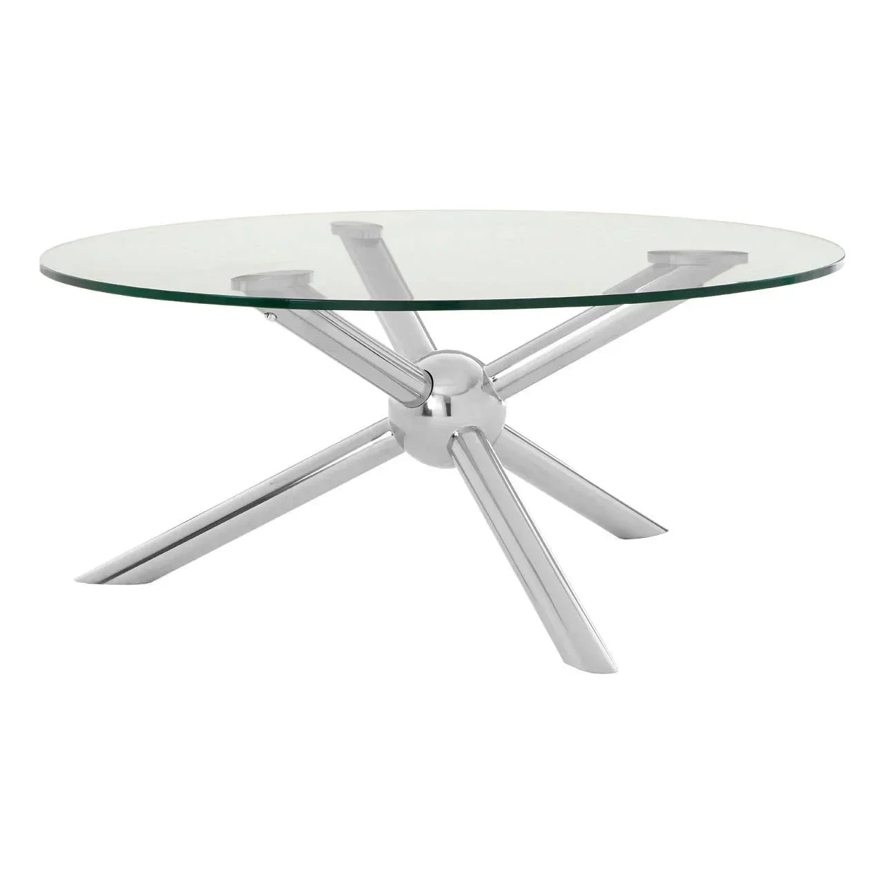 Glass coffee table with round top and chrome metal starburst base