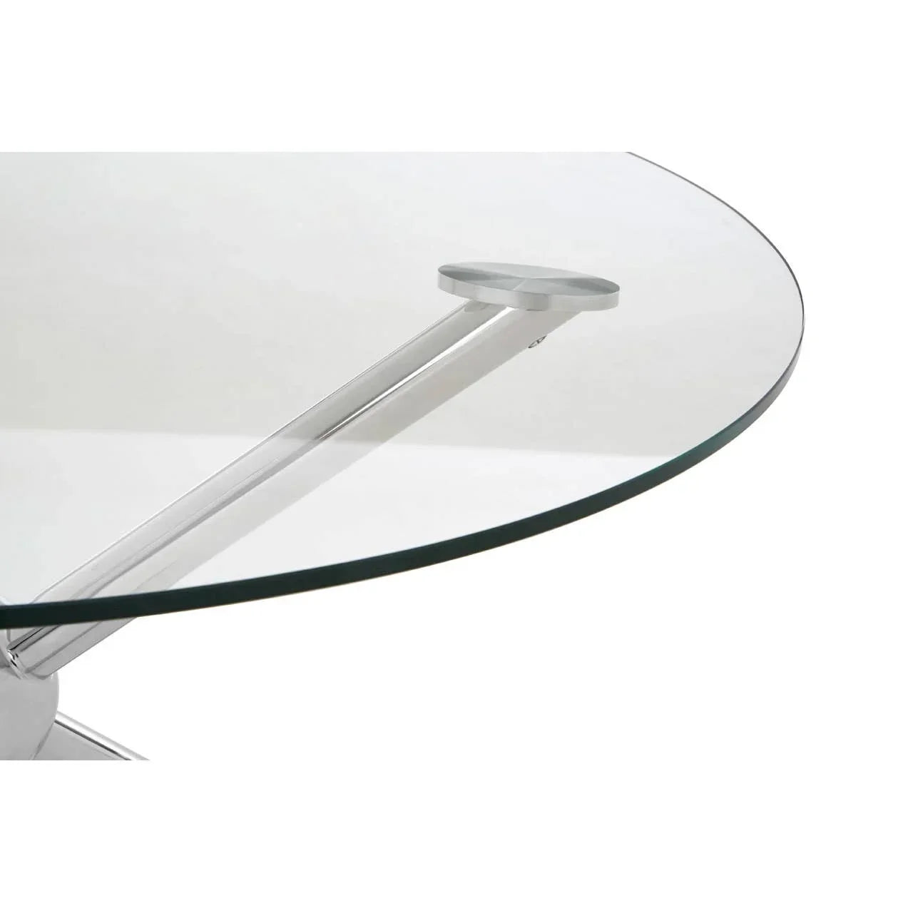 Round glass dining table top with angled chrome support detail