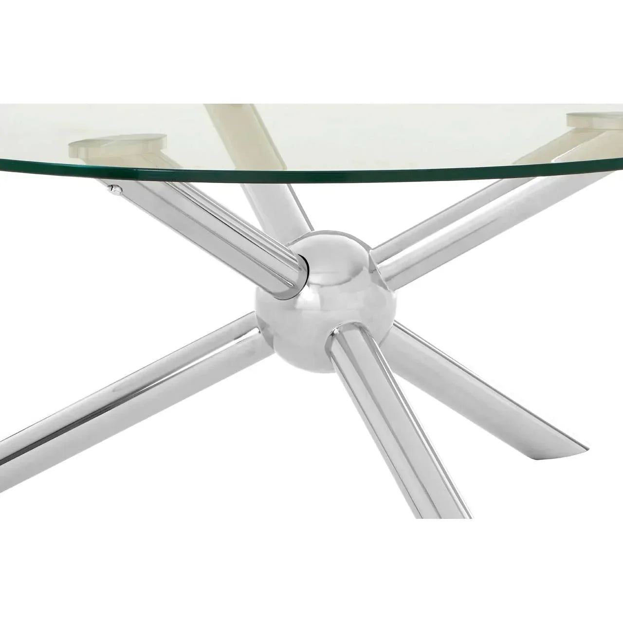 Glass coffee table with chrome metal legs and round clear top, close-up on base design
