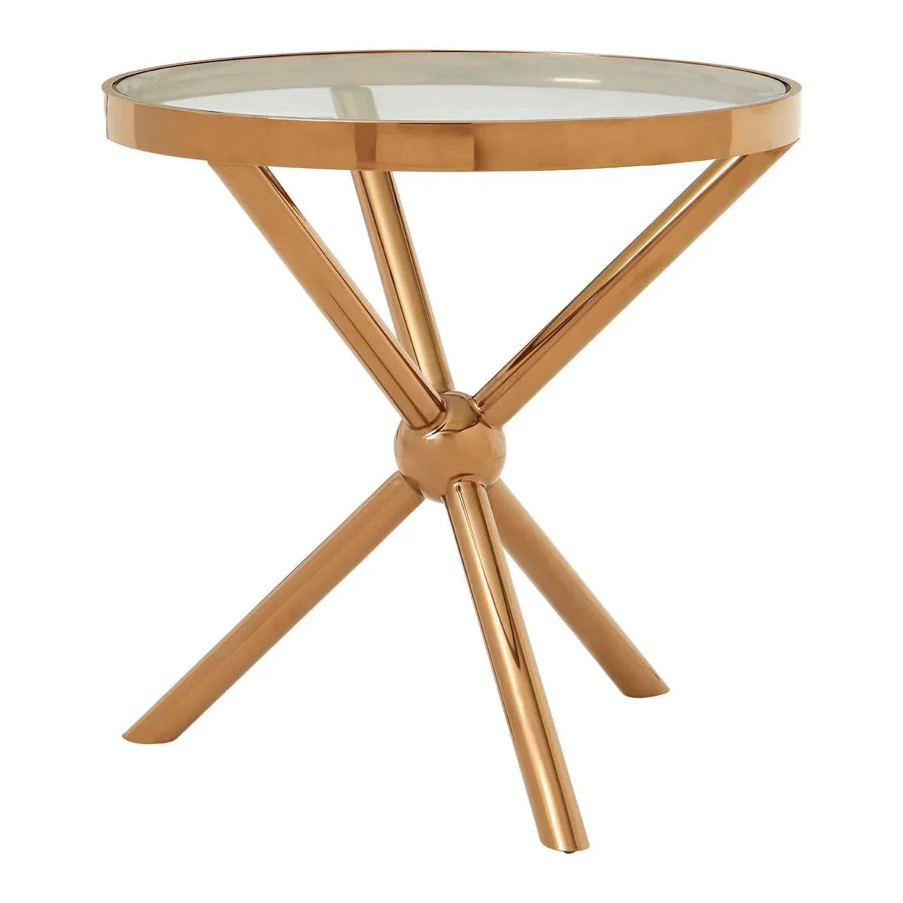 Round glass top side table with gold metal frame and three angled legs
