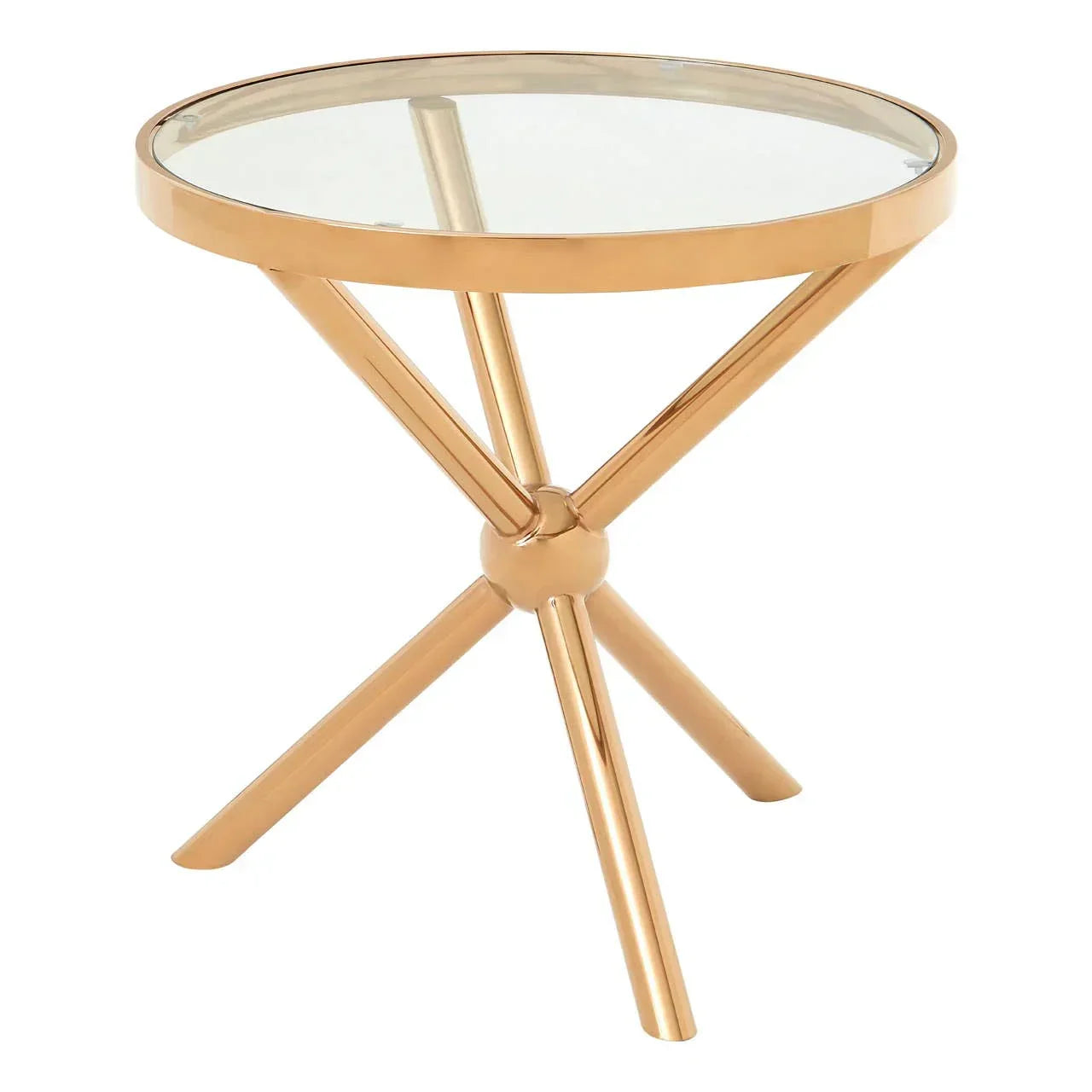 Round glass top side table with gold metal tripod legs