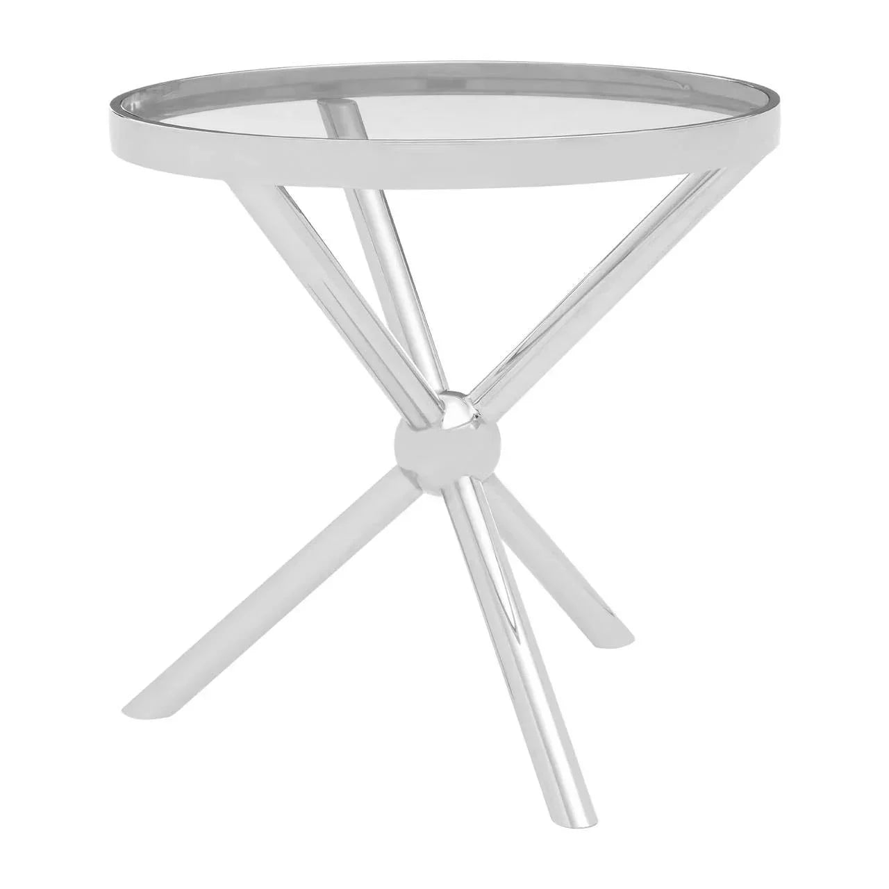 Round glass side table with chrome tripod legs and modern design