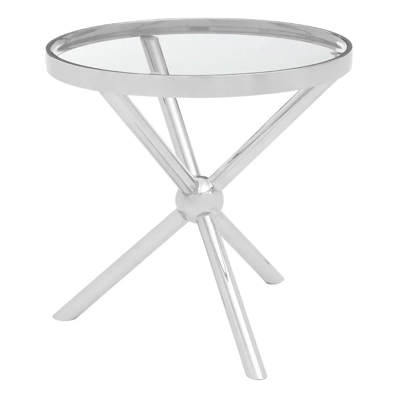 Round glass side table with chrome metal legs and modern tripod base