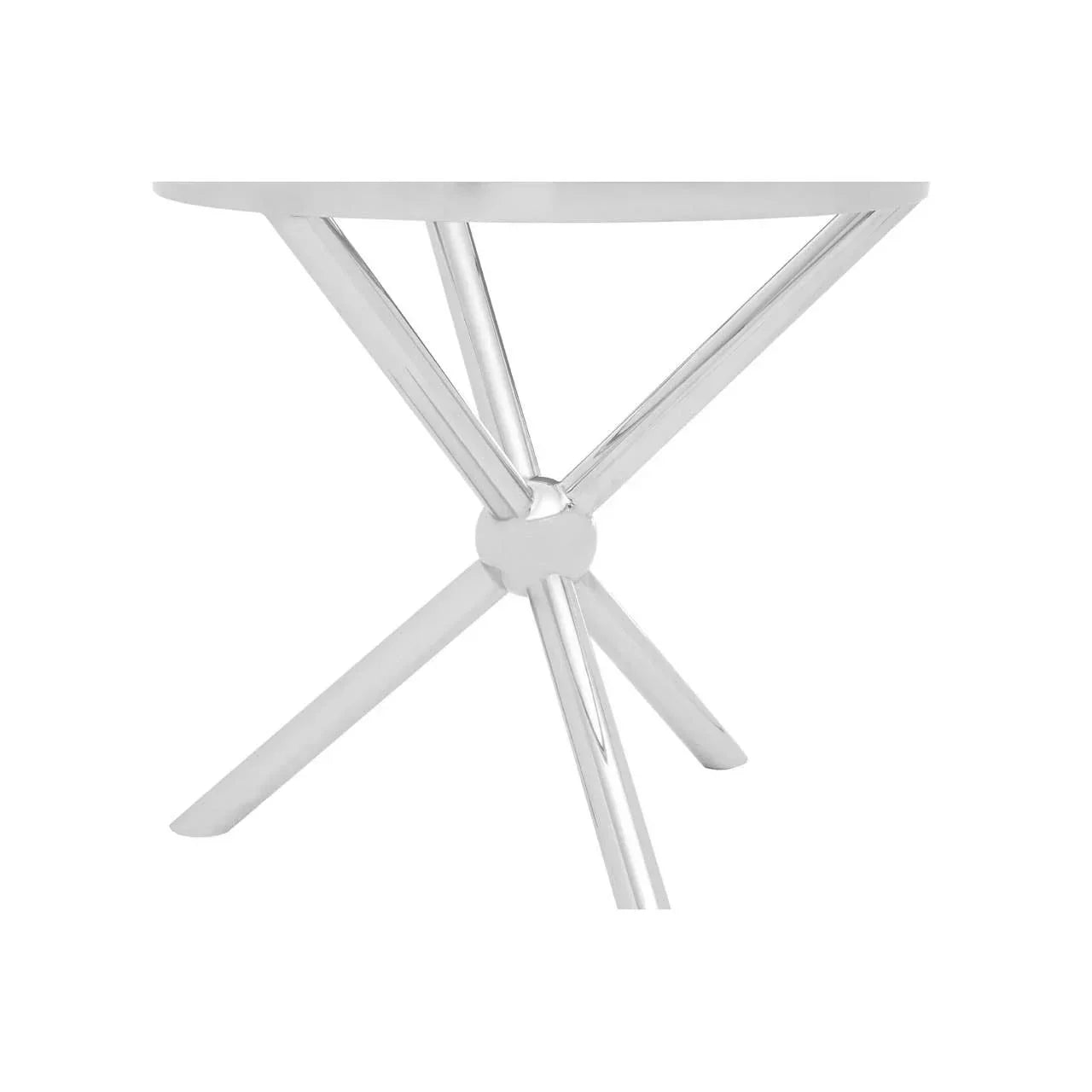 Chrome side table with round top and modern intersecting metal legs