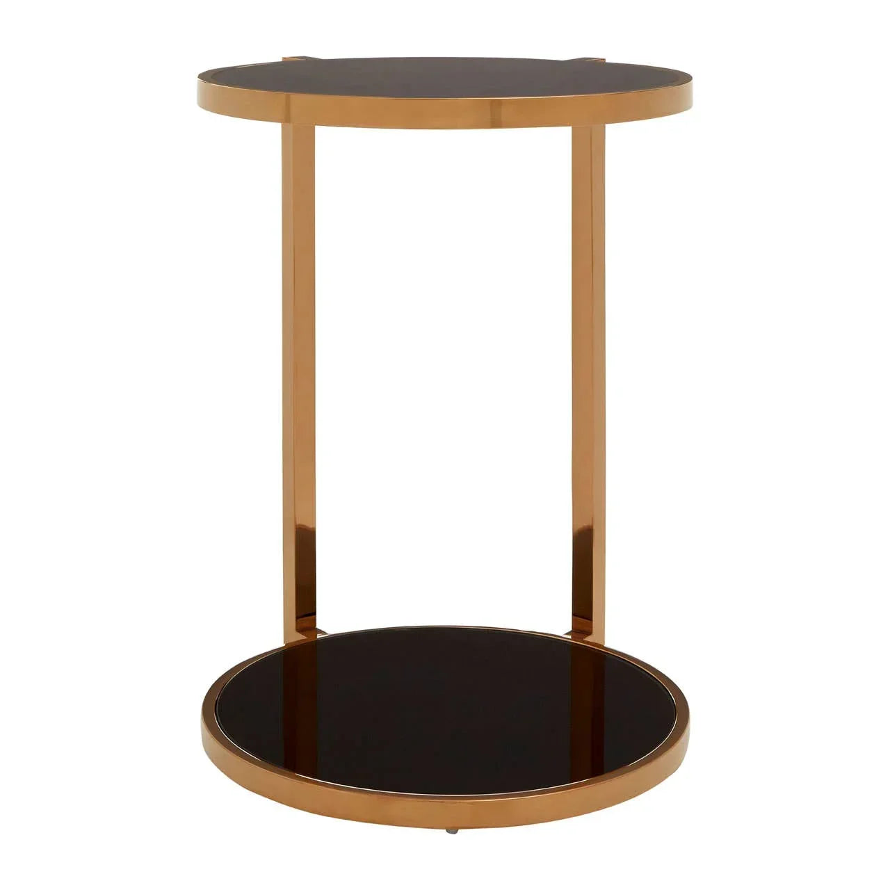 Round gold metal side table with black glass top and lower shelf, modern furniture design