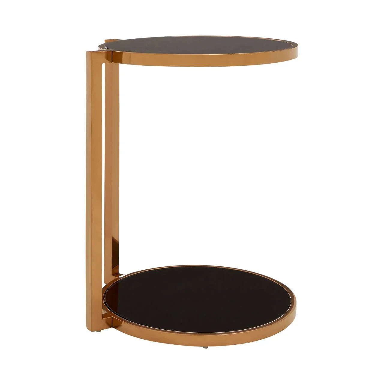 Gold metal side table with dual round black glass shelves, modern open frame design