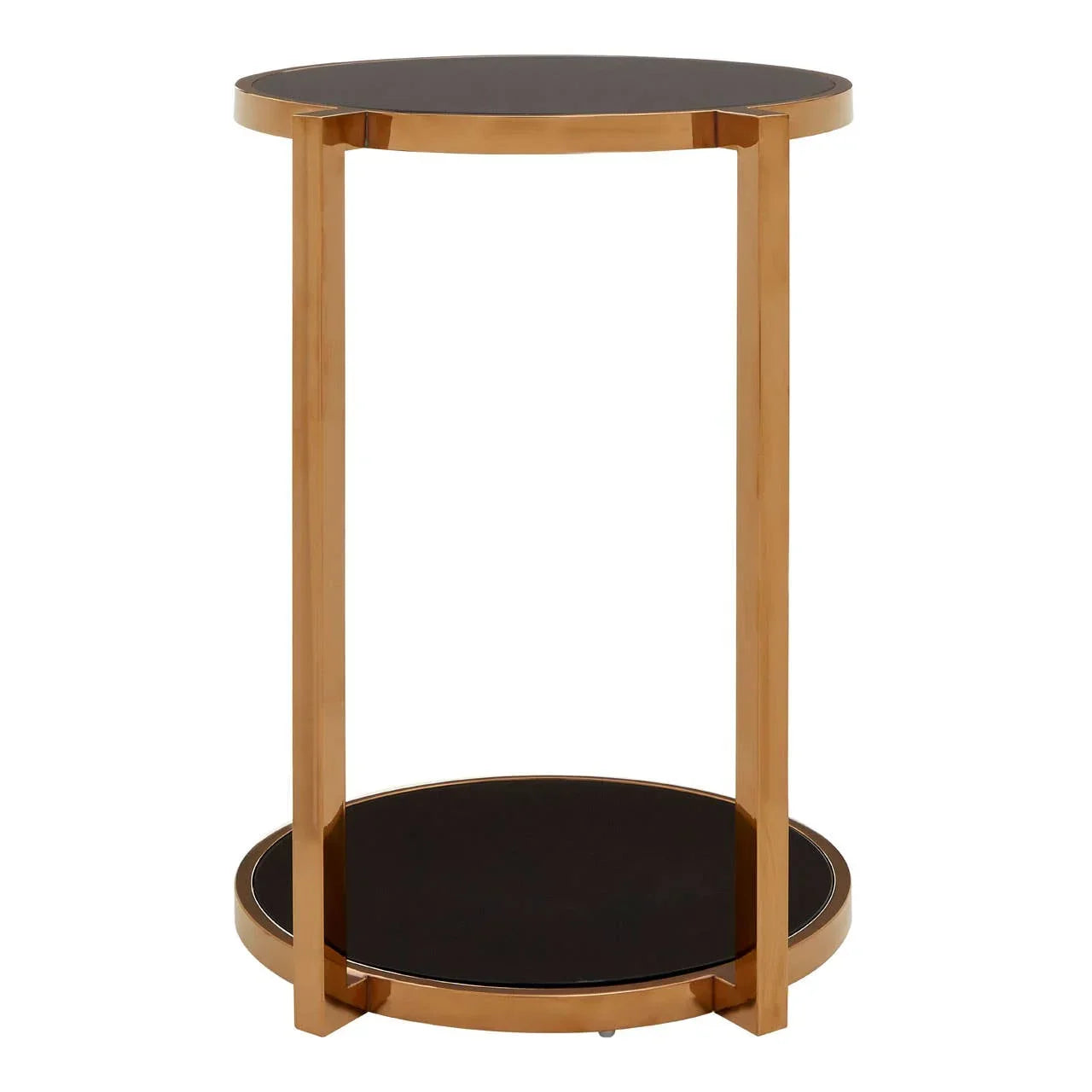 Round side table with black glass top and gold metal frame, shown on white background