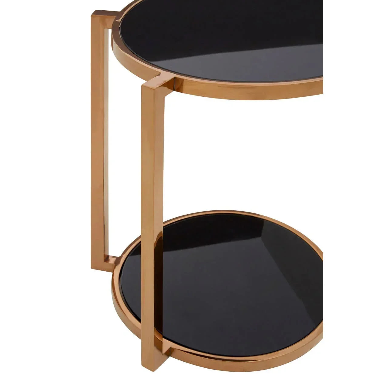 Round gold metal and black glass side table with two tiers