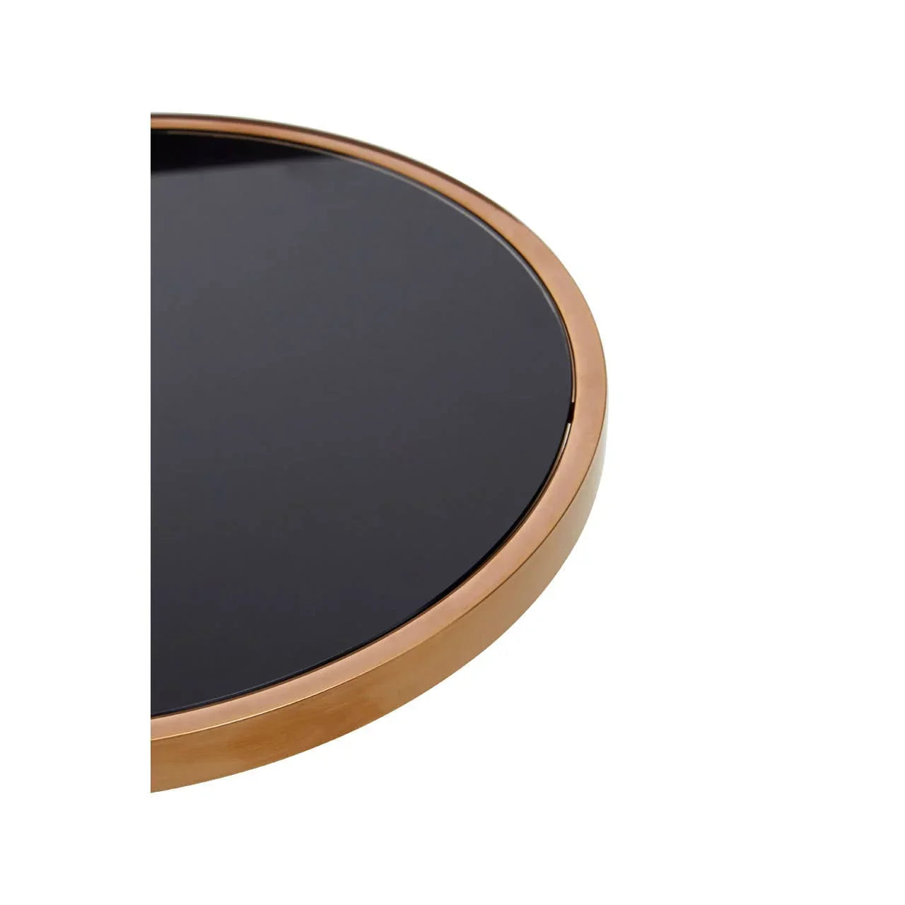 Close view of round black glass coffee table with gold metal frame