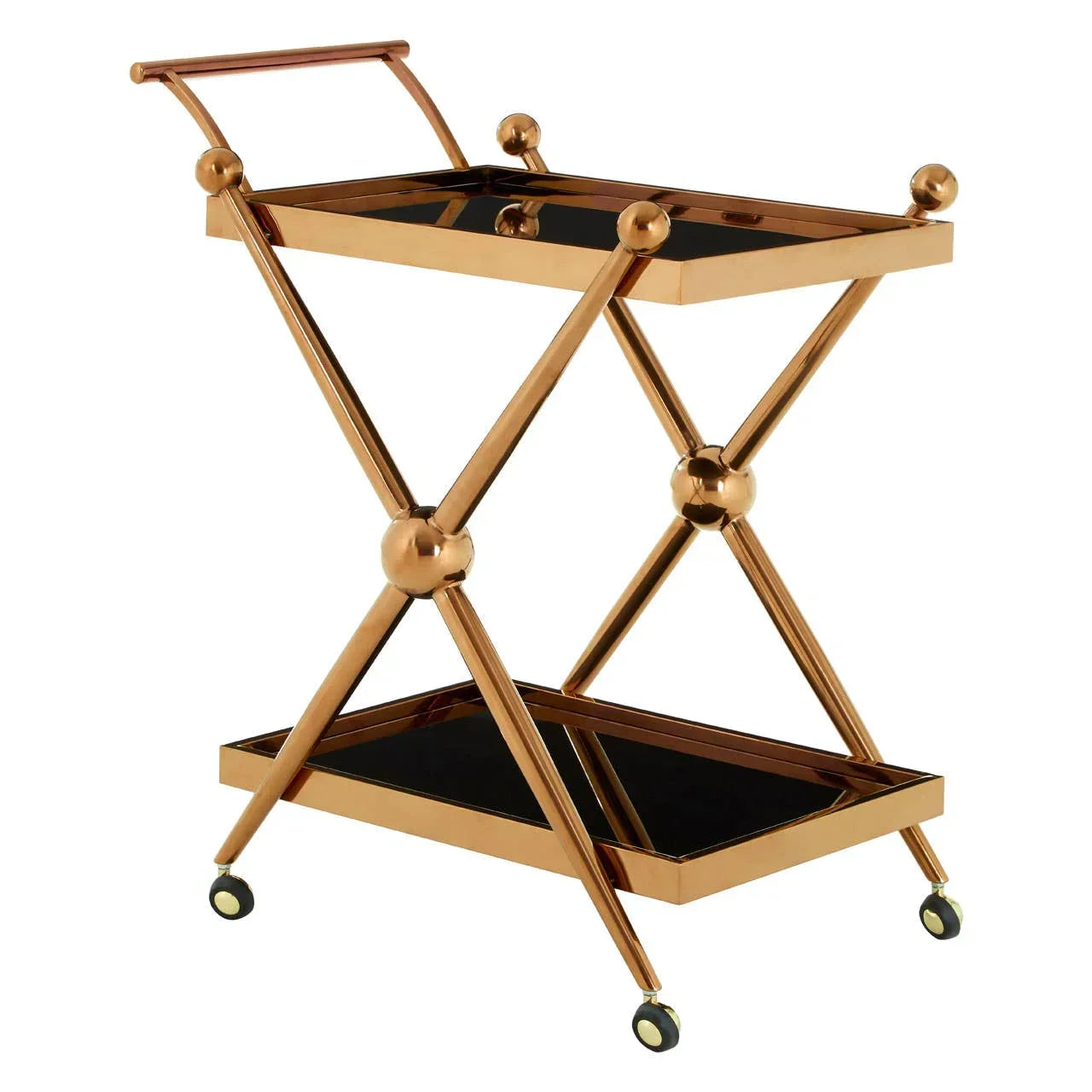 Gold metal bar trolley with black glass shelves and wheels, shown at a slight angle