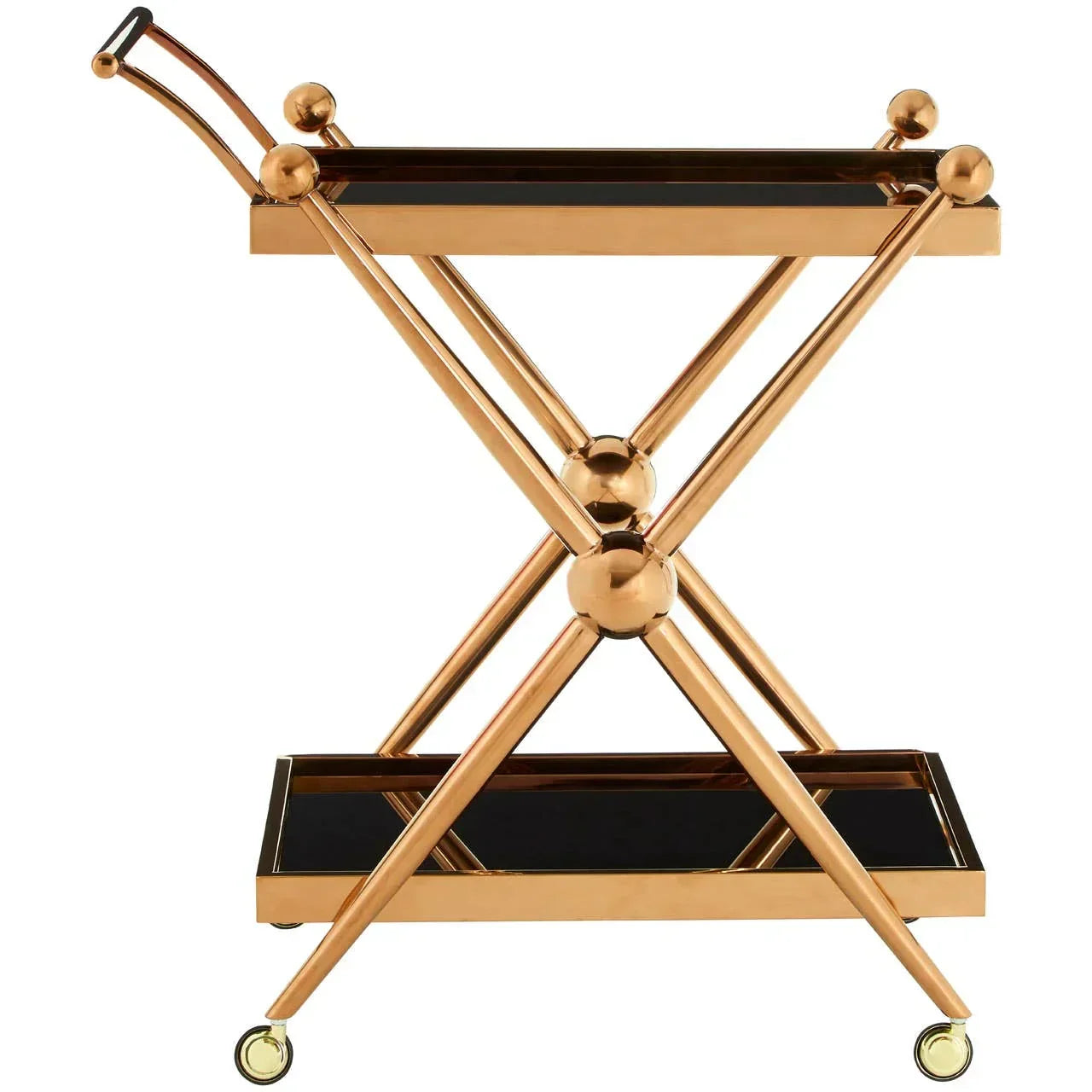 Gold metal drinks trolley with black glass shelves and wheels, side view