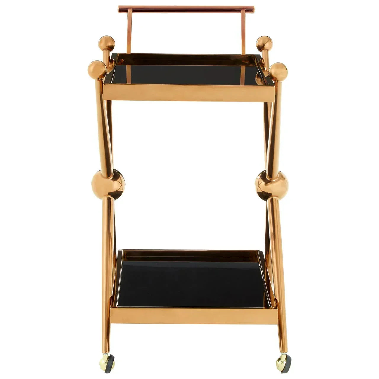 Gold metal bar cart with black glass shelves and four wheels, front-facing view