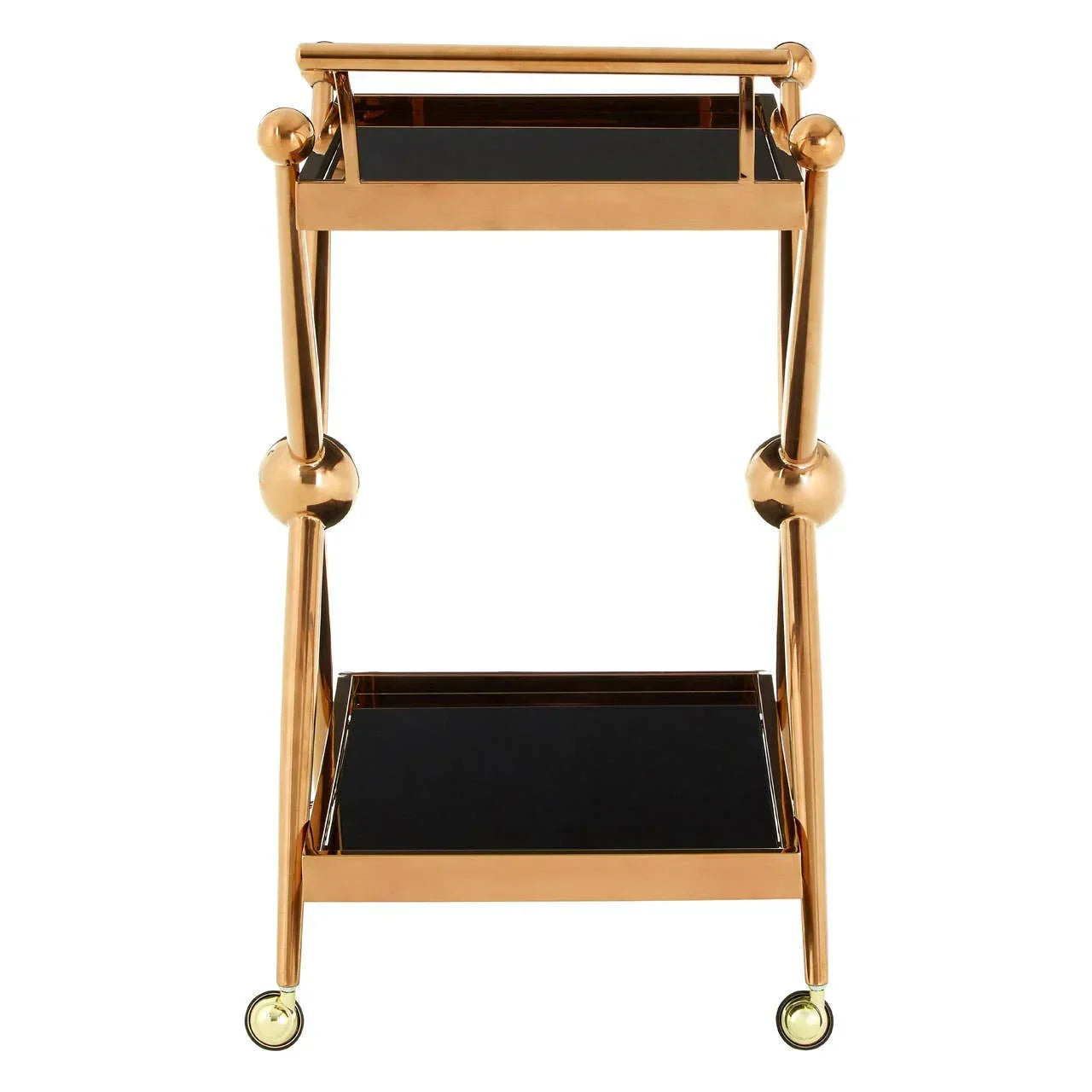 Gold metal drinks trolley with black glass shelves and rolling wheels, front angle view
