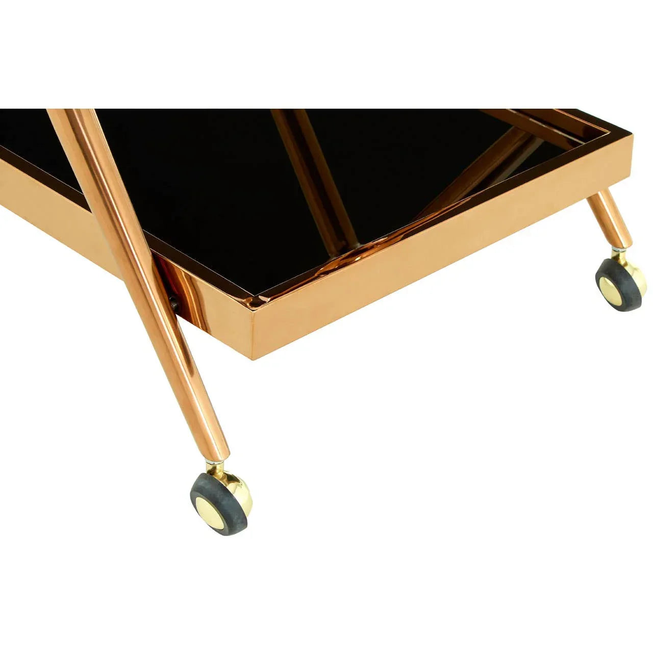 Gold metal bar cart corner with black glass shelf and caster wheels close-up