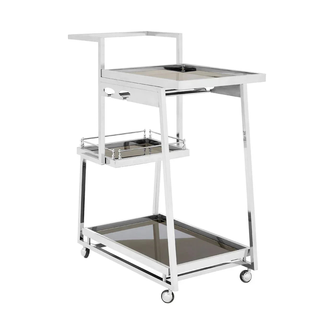 Chrome and glass drinks trolley with three shelves and wheels for easy movement