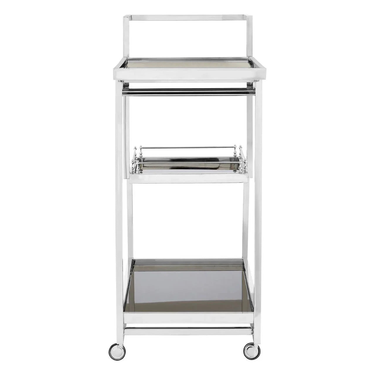 Chrome metal bar cart with three glass shelves and caster wheels, front view