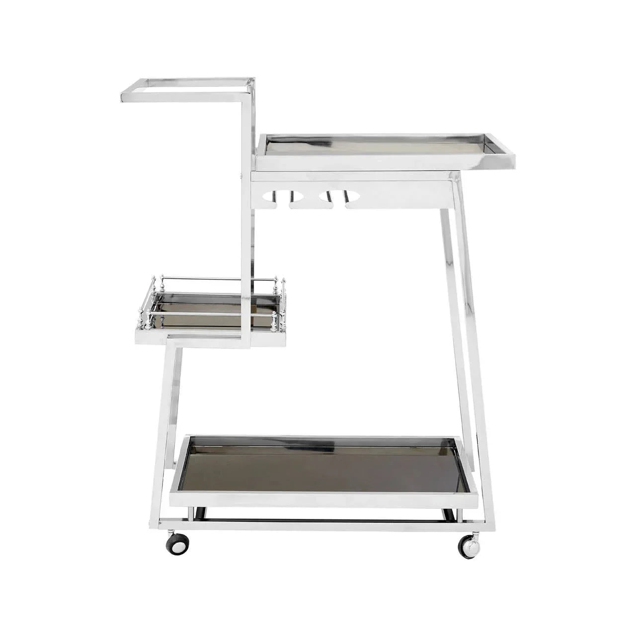 Modern stainless steel drinks trolley with glass shelves and wine glass holder on wheels