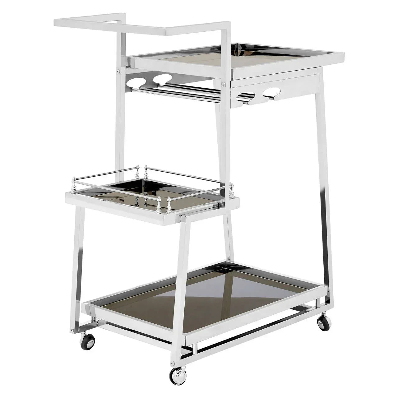 Chrome drinks trolley with glass shelves and wheels, side wine glass rack visible