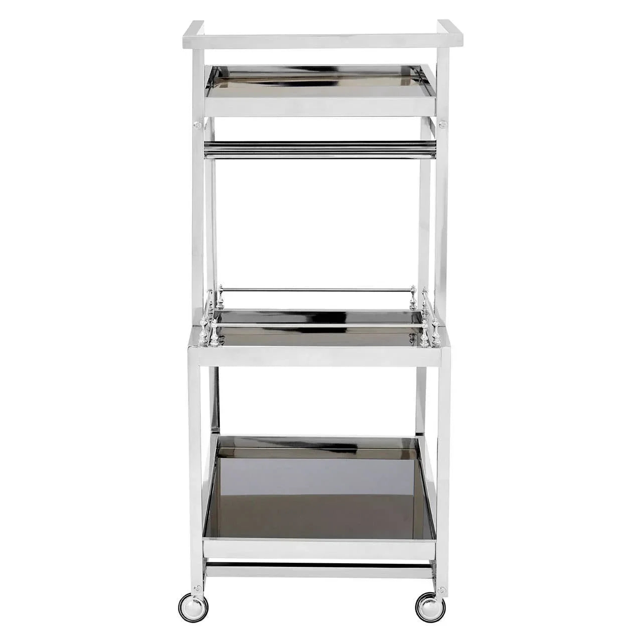 Chrome metal bar cart with three mirrored shelves and caster wheels, front view