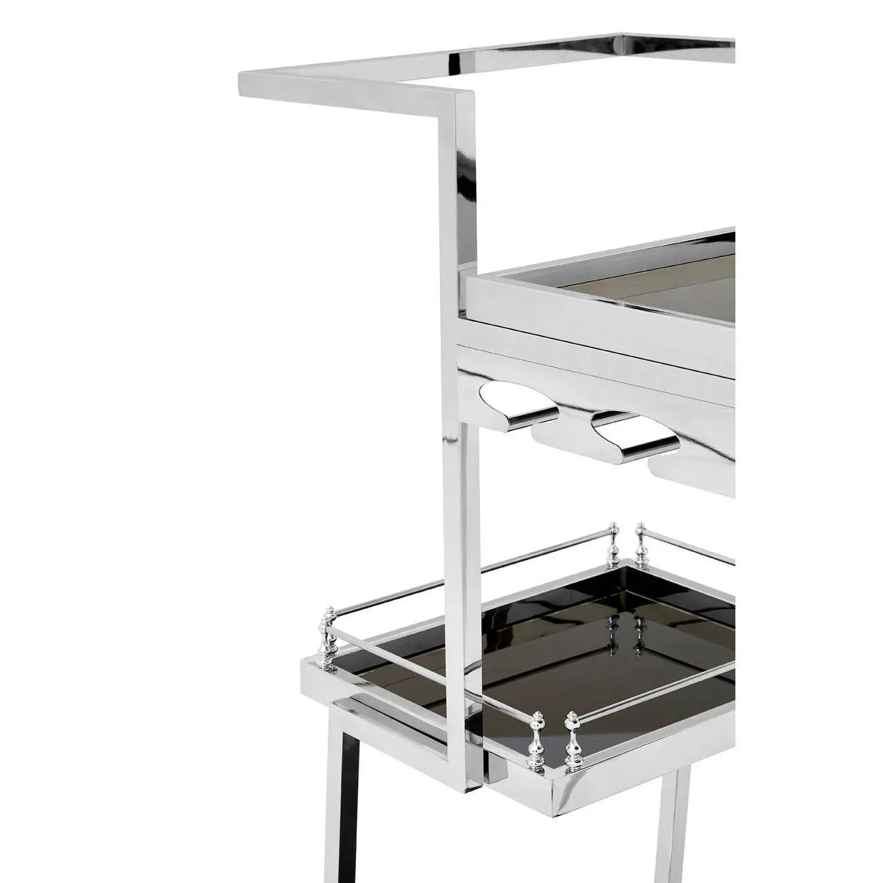 Chrome and black glass bar cart with wine glass holders, close-up of top and bottom shelves