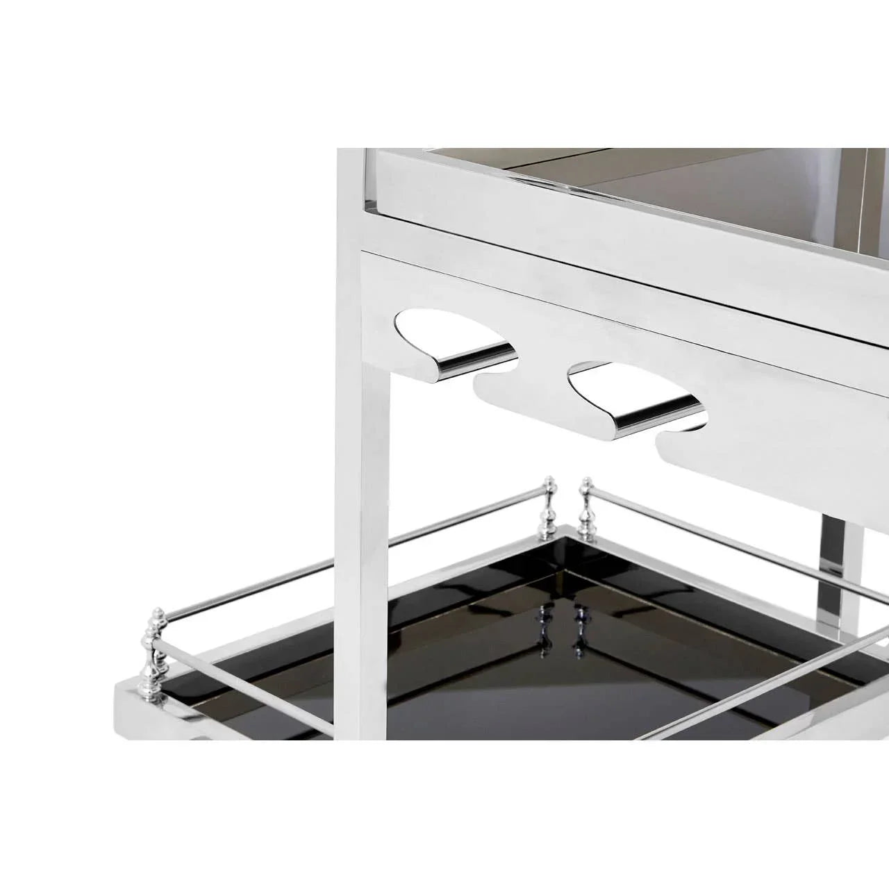 Chrome drinks trolley with glass holder detail and metal frame close up