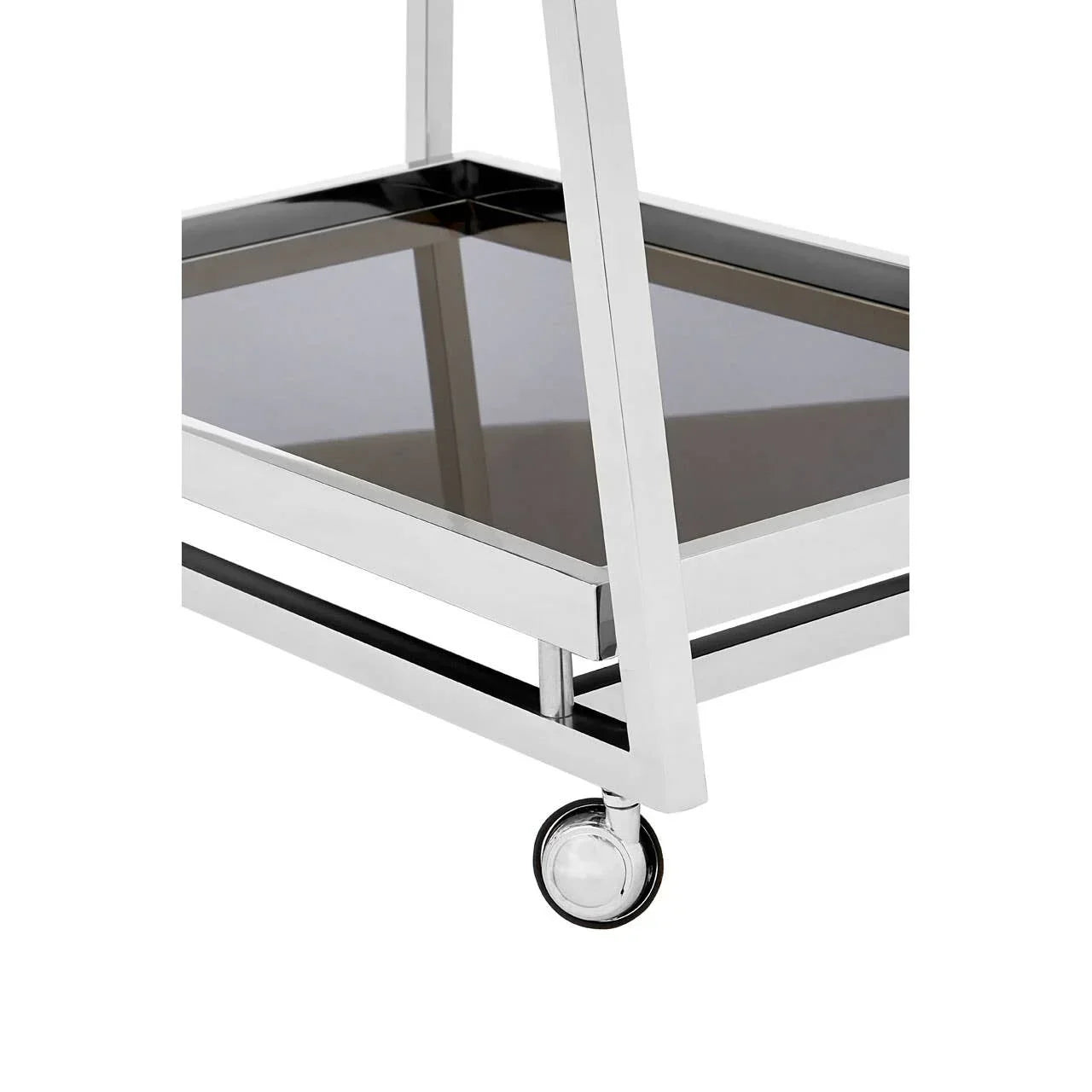 Chrome and glass bar cart lower shelf with caster wheel closeup