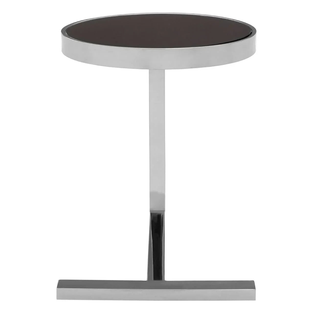 Modern round side table with black glass top and chrome frame, front view