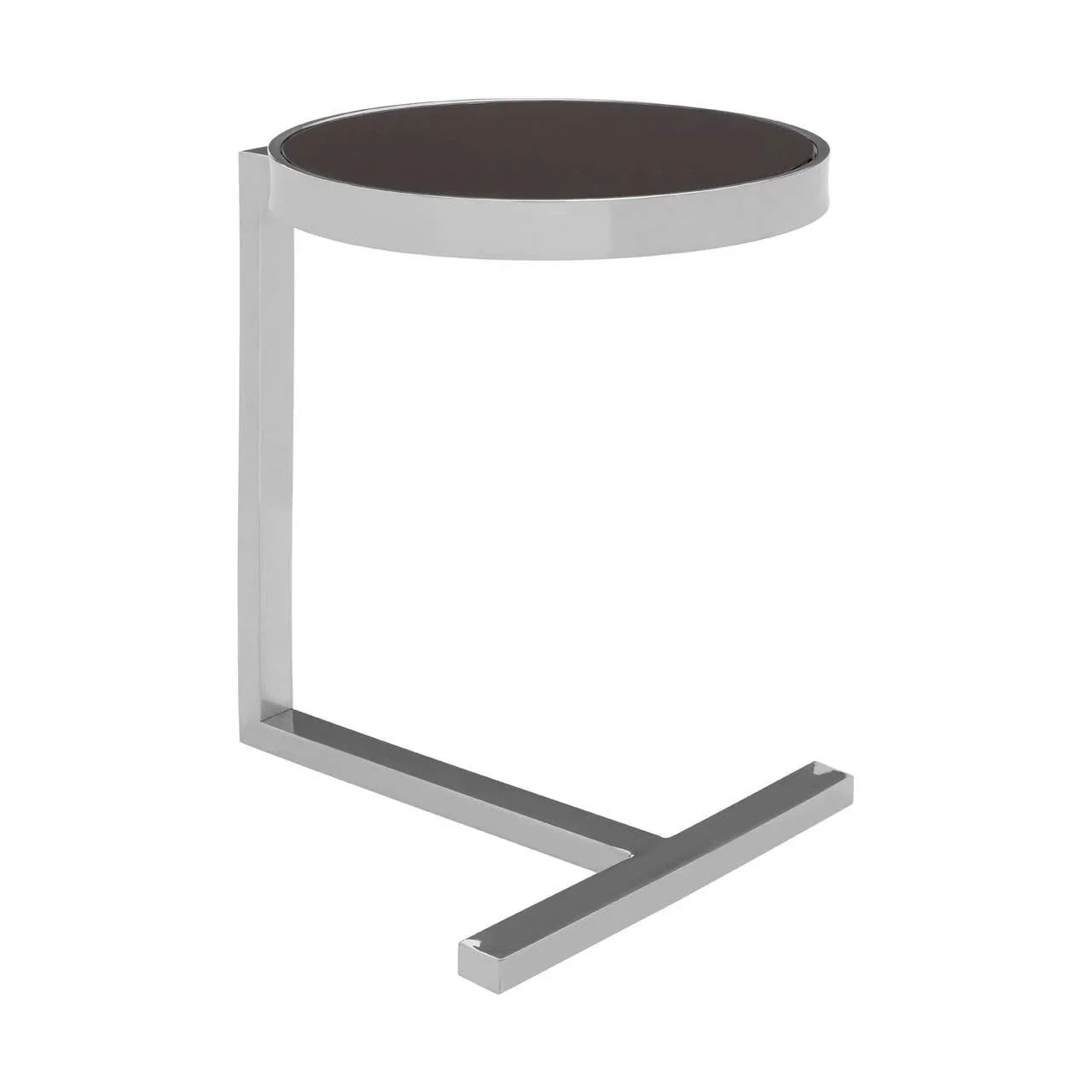 Round black glass side table with chrome metal C-shaped frame