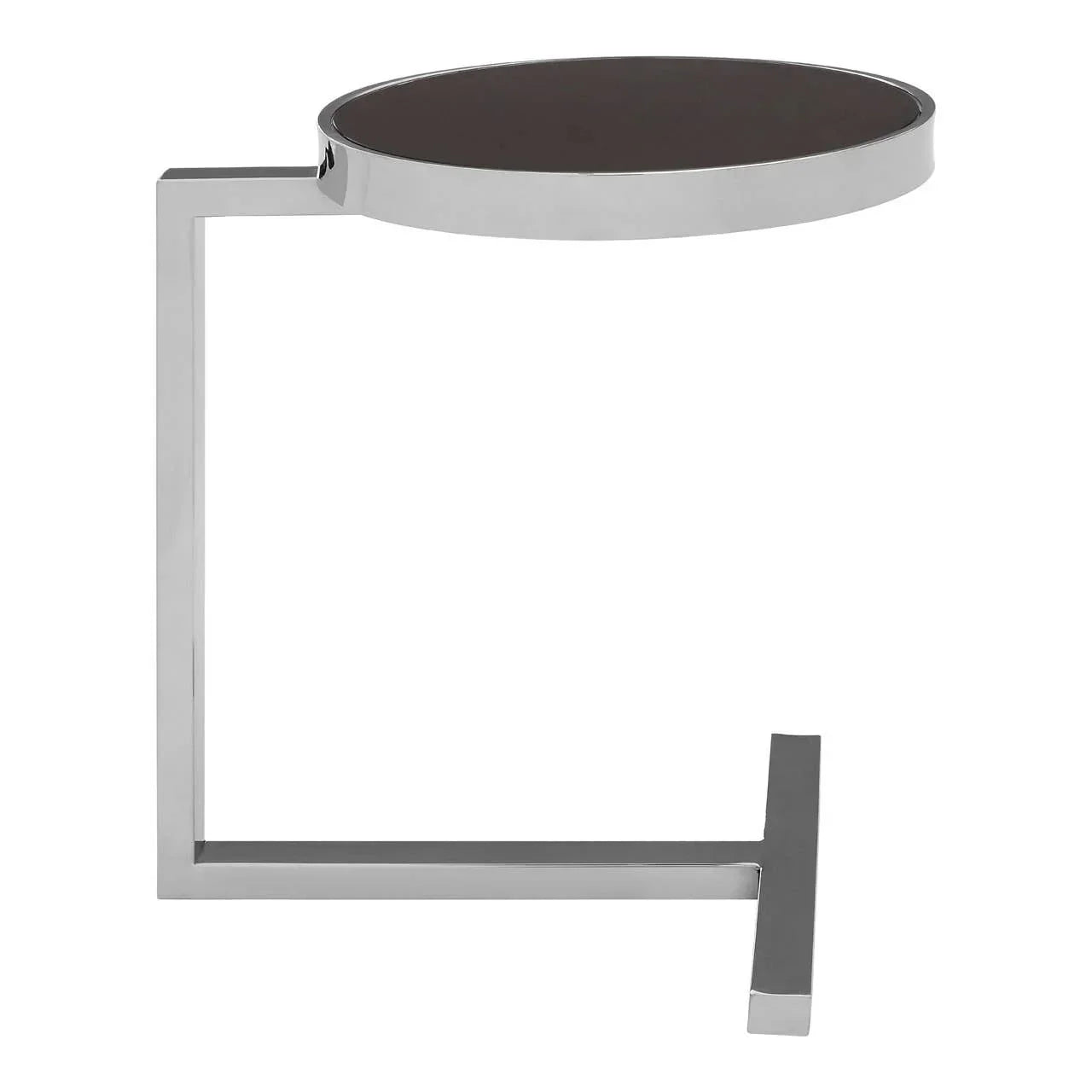 Modern chrome side table with round black glass top and angular metal frame