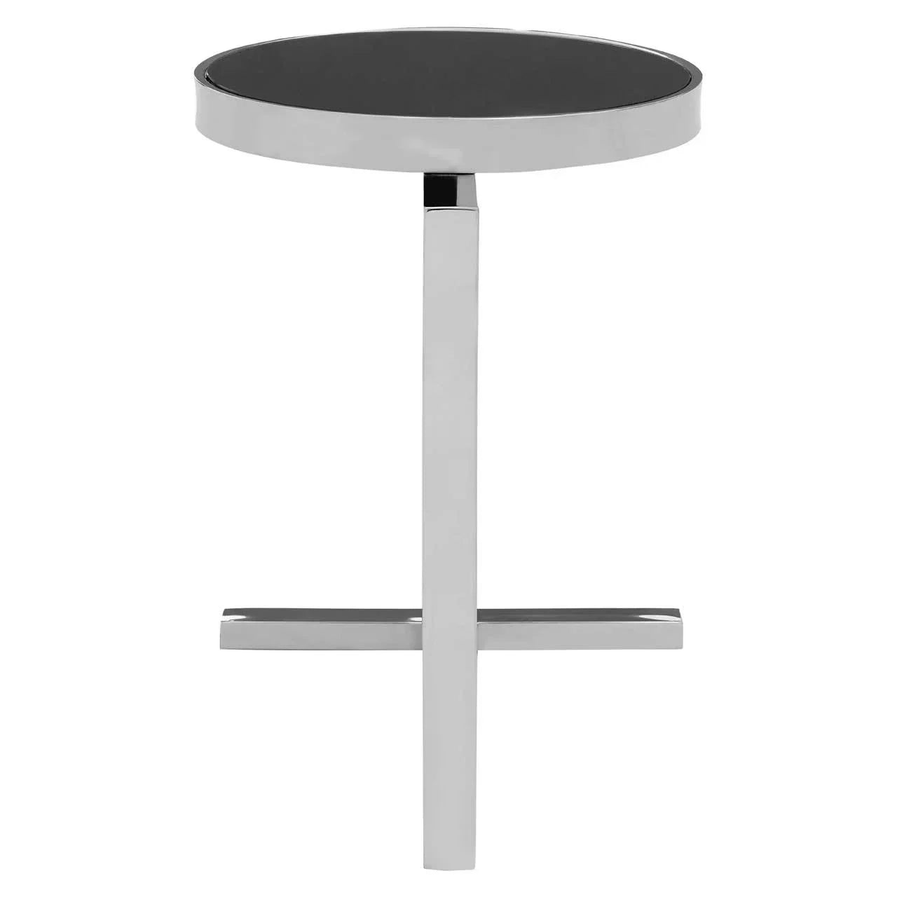 Round black glass side table with chrome frame and cross base