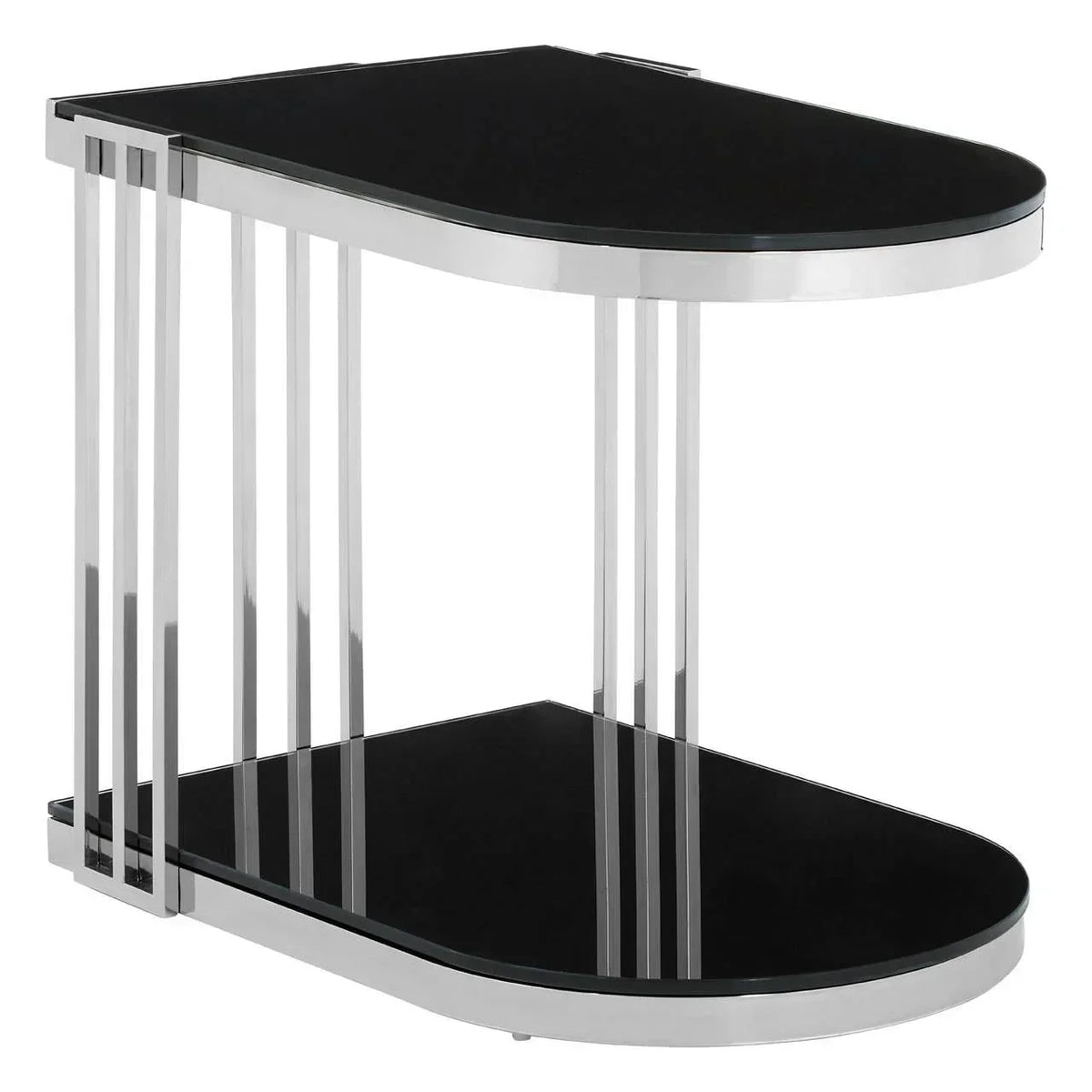 Black glass and chrome side table with curved edges and two-tiered shelves