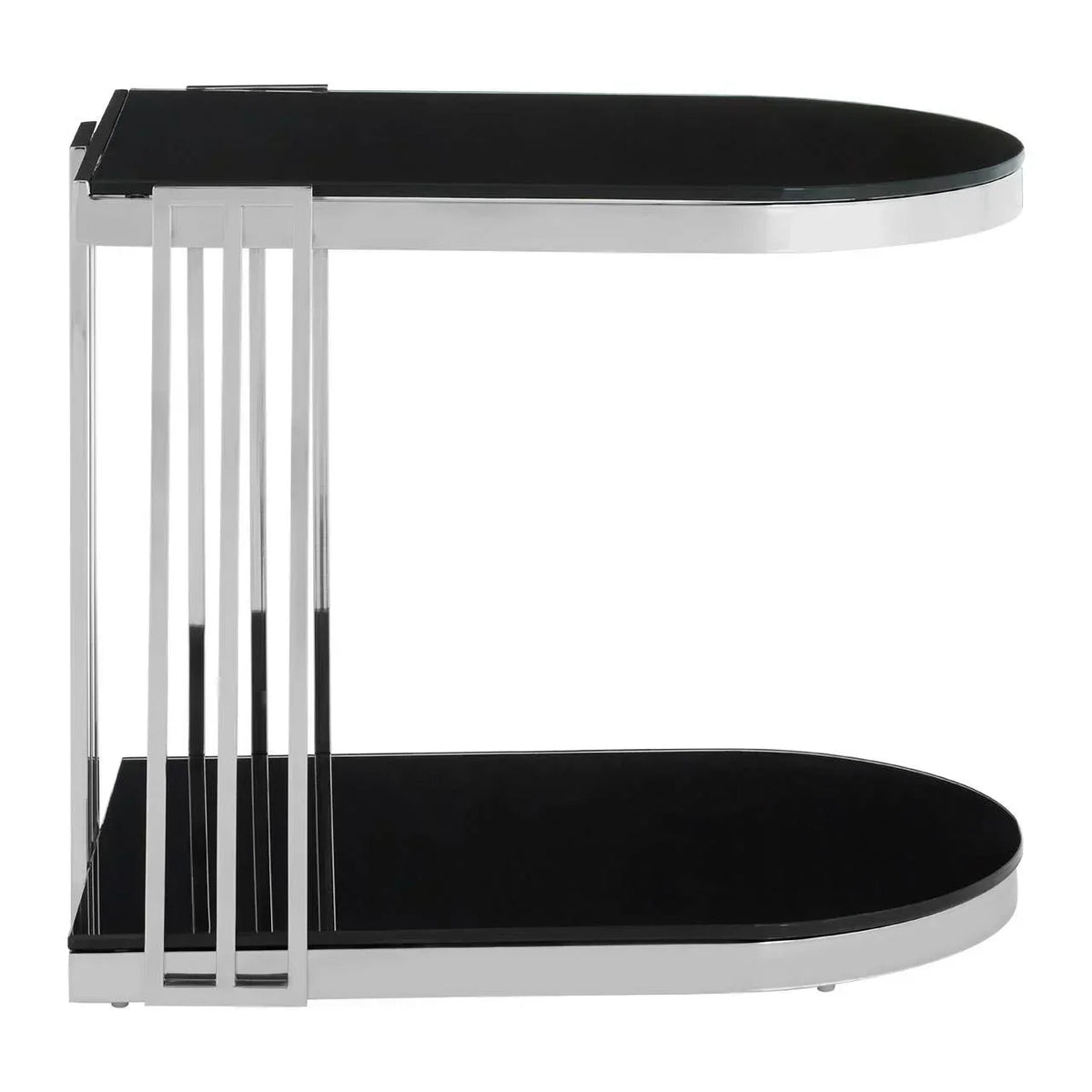Black glass side table with chrome frame and two-tier oval shelves, side profile view