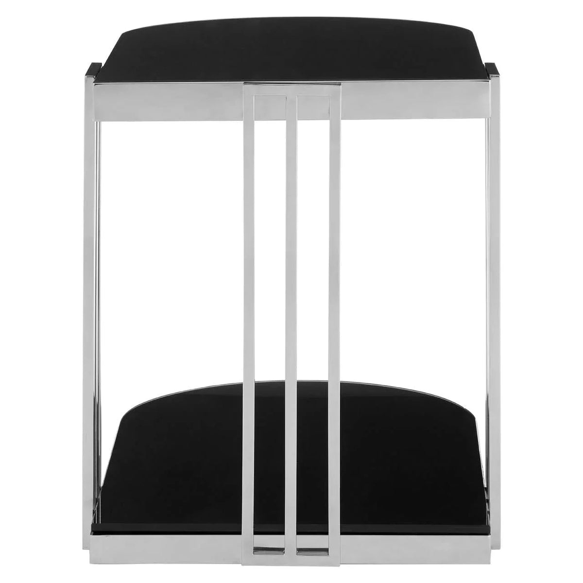 Black glass side table with chrome metal frame, front view