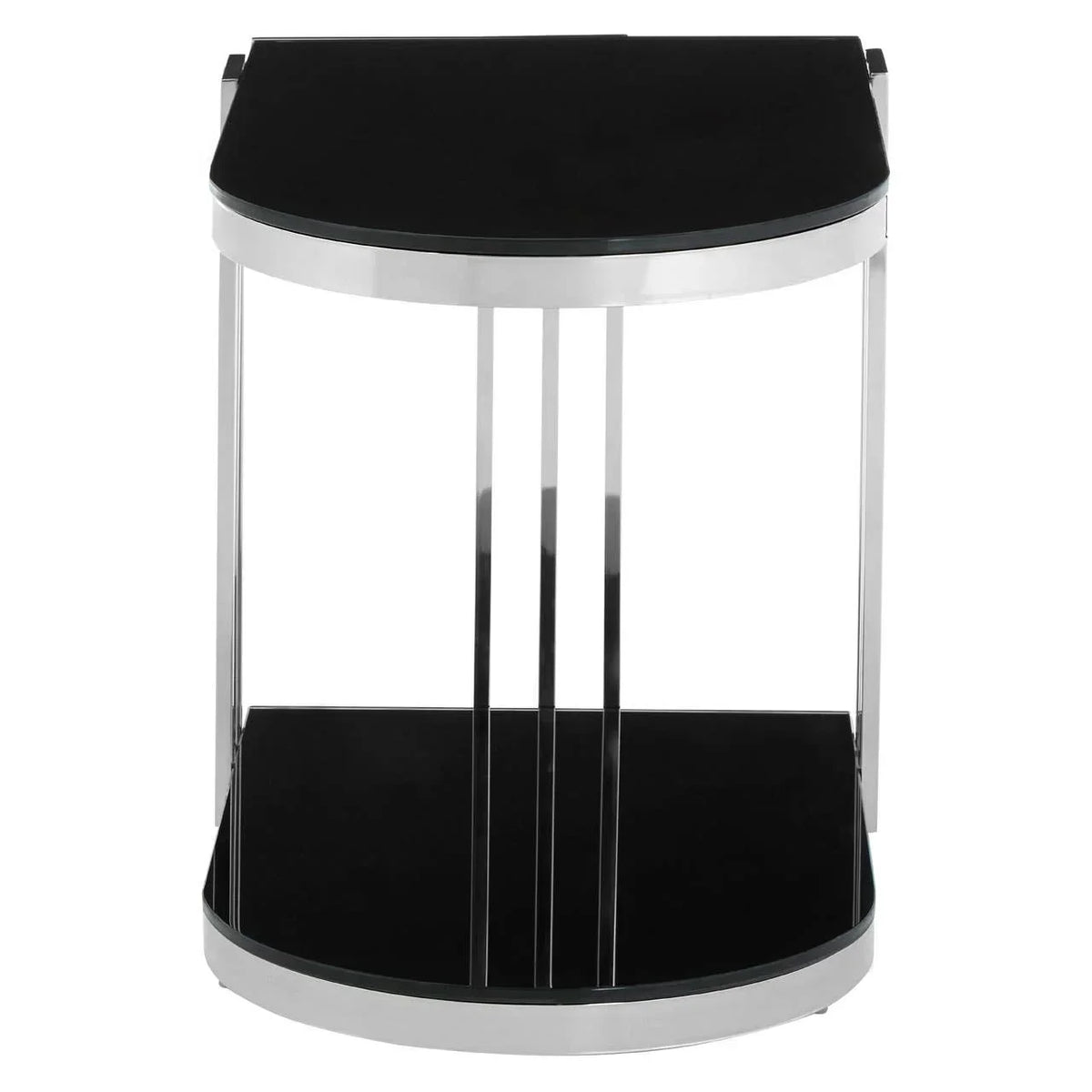 Black glass side table with chrome frame and lower shelf, front view