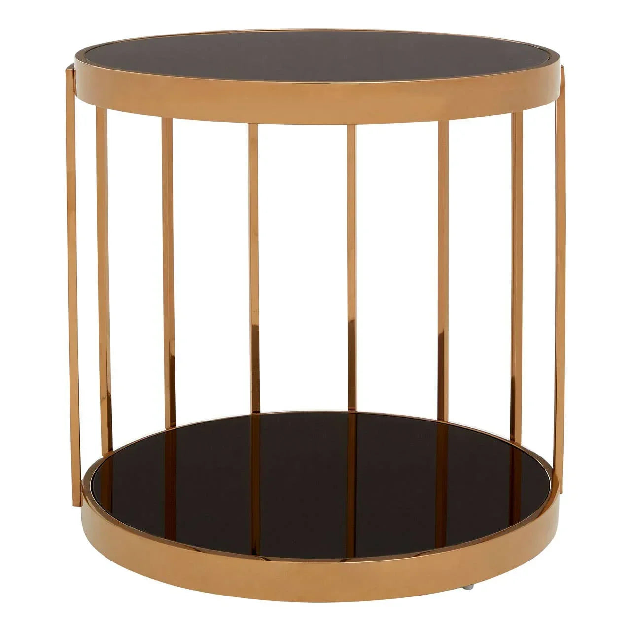 Round gold metal side table with black glass top and lower shelf