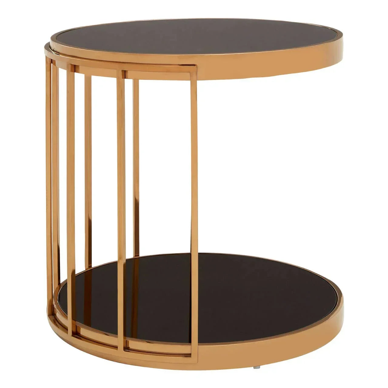 Round gold metal side table with black glass top and lower shelf, modern open frame design