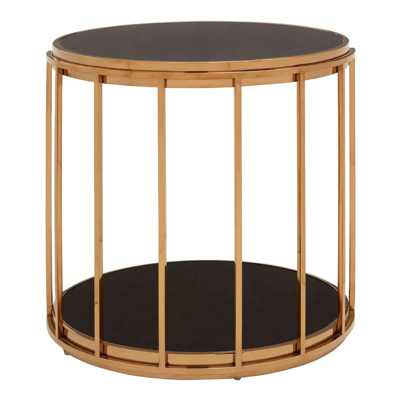 Round side table with gold metal frame and black glass top and shelf