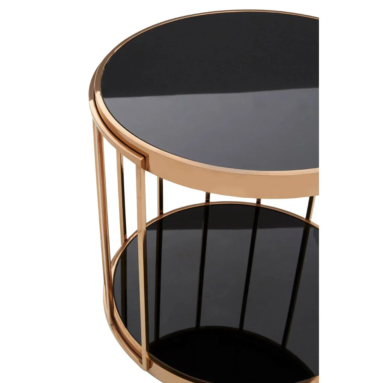 Round black glass side table with gold metal frame and lower shelf, close-up view