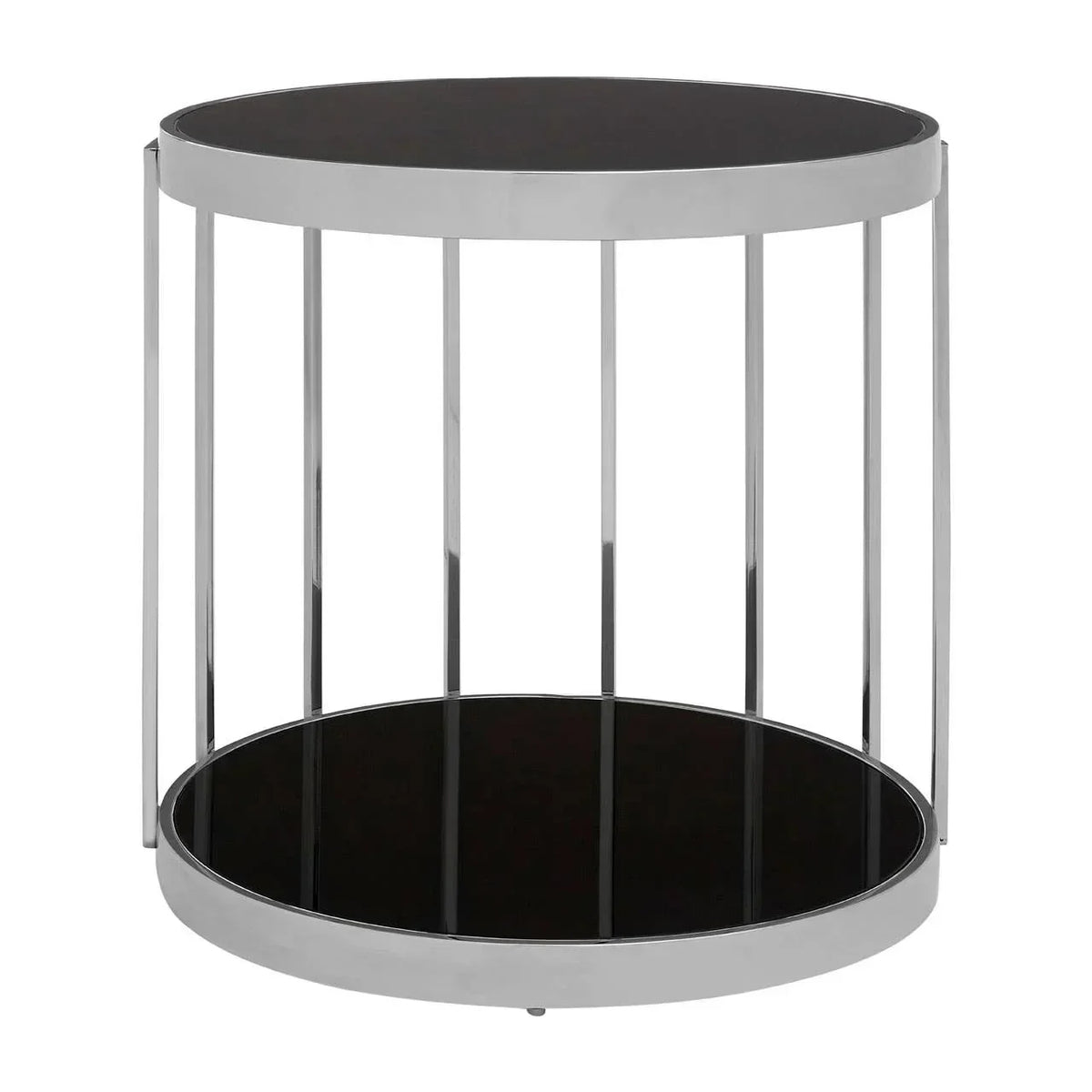 Round black glass side table with chrome metal frame and lower shelf