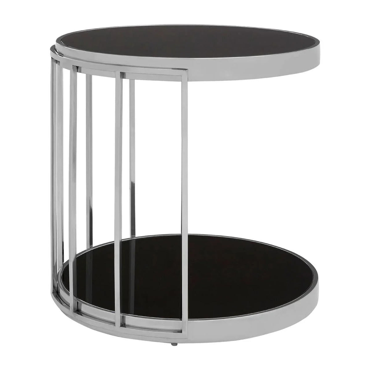 Modern round side table with black glass shelves and chrome metal frame