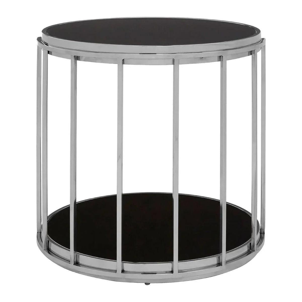 Round side table with black glass top and chrome metal frame, modern living room furniture