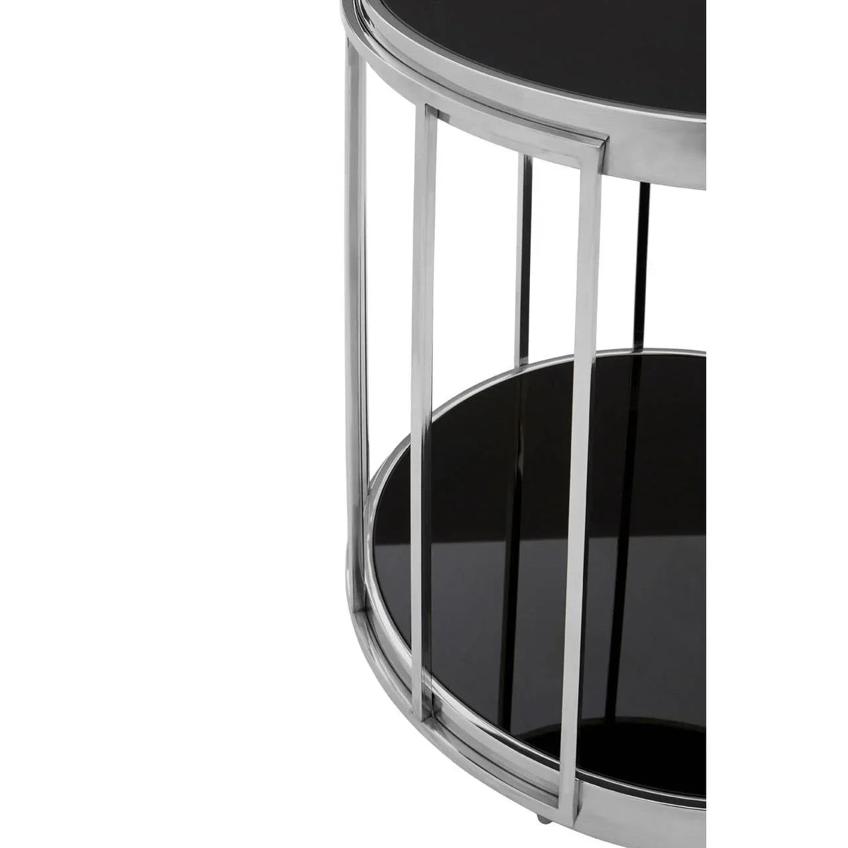 Round side table with black glass shelves and chrome metal frame, close-up view