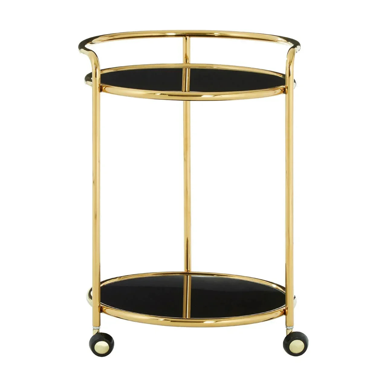 Gold metal drinks trolley with two round black glass shelves and caster wheels
