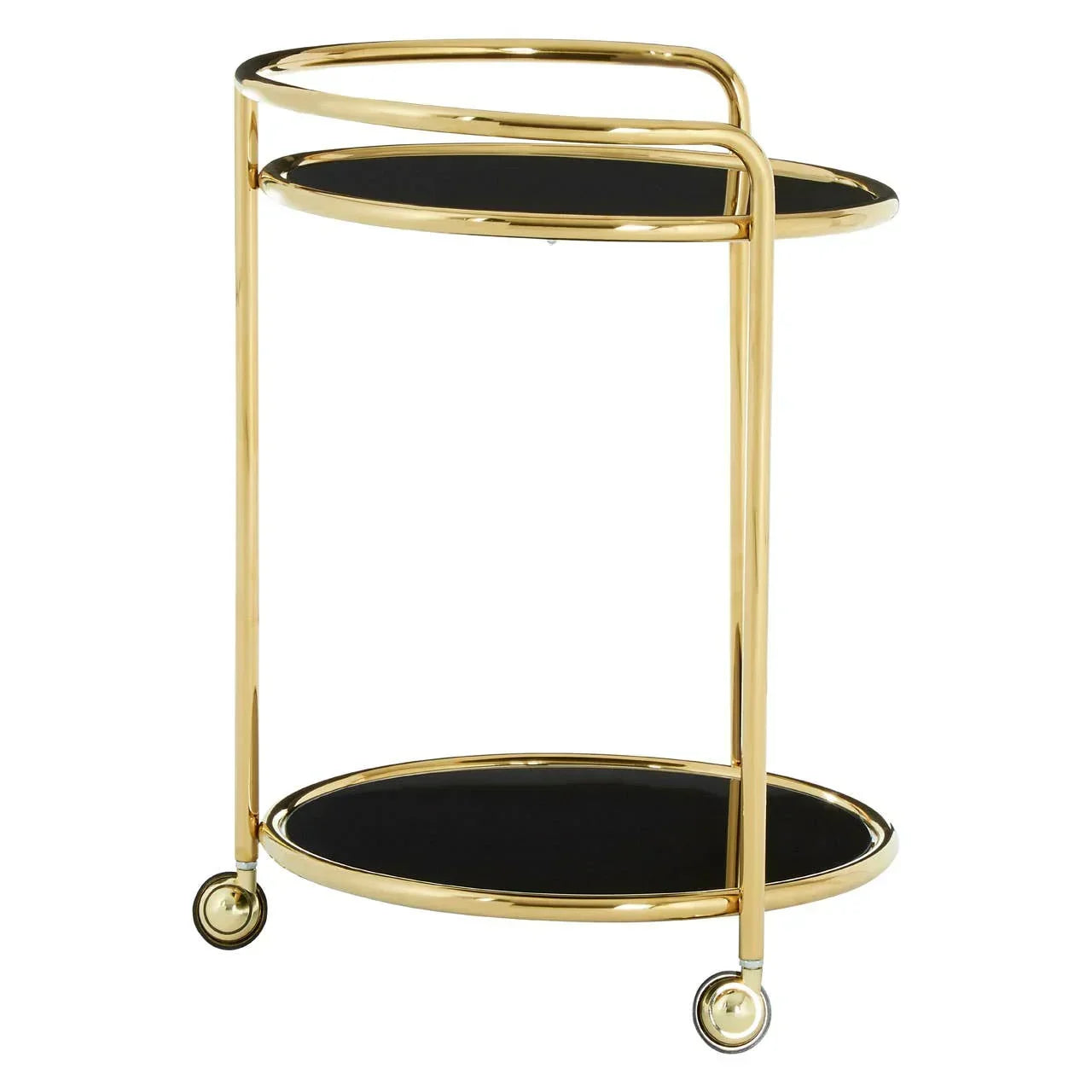 Gold metal drinks trolley with black glass shelves and four wheels