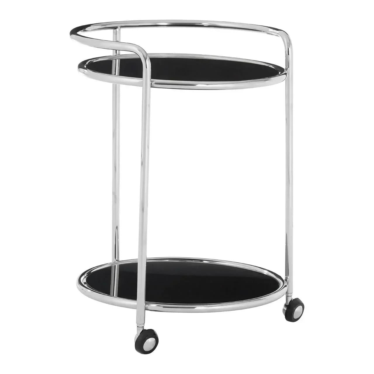 Chrome bar trolley with two black glass shelves and wheels, modern drinks cart design